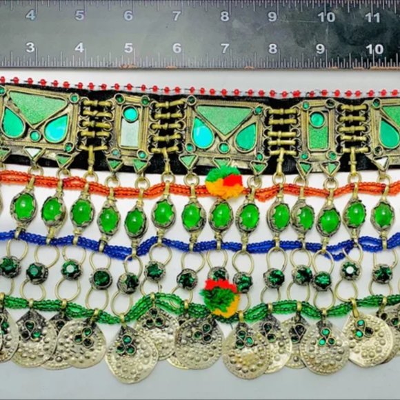 Multicolor Choker Necklace, Tribal Afghan Choker With Silver Dangling Coins - Picture 6 of 6